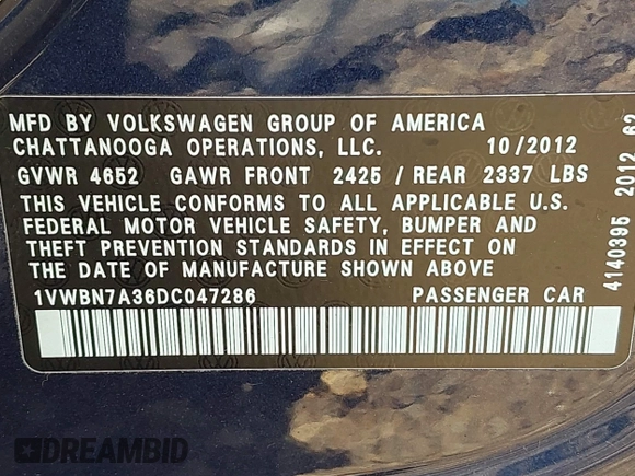 2013 Volkswagen Passat SE z VIN 1VWBN7A36DC047286, wystawiony jako IAAI lot #42243855 z przebiegiem 65 386 mil mil oraz . Historia ofert i sprzedaży dostępna na DreamBid. Obrazek 9.