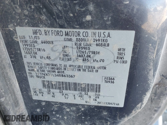 2004 Ford F-250 XL с VIN 1FTNX21L34EB63367, выставлен на аукционе IAAI как лот 41395910 с пробегом 175 223 миль миль и . История ставок и продаж доступна на DreamBid. Изображение 9.