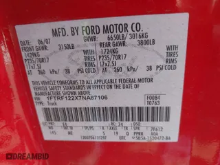 2007 Ford F-150 XL with VIN 1FTRF122X7NA87106, listed as a IAAI auction lot 42000355 with 109,652 mi miles. Bid and sale history available at carsss.com. Image 9.