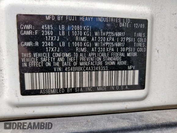 2010 Subaru Outback Limited Power Moon z VIN 4S4BRBKC4A3349353, wystawiony jako Copart lot #58392255 z przebiegiem 190 744 mil mil oraz Szkoda całkowita • Salvage title. Historia ofert i sprzedaży dostępna na DreamBid. Obrazek 13.