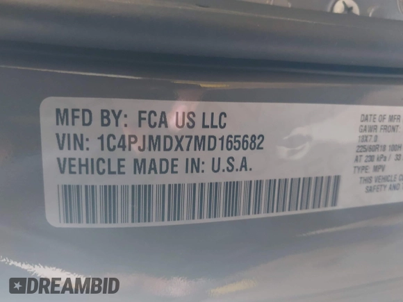 2021 Jeep Cherokee Limited with VIN 1C4PJMDX7MD165682, listed as a IAAI auction lot 39691189 with 47,112 mi miles and . Bid and sale history available at DreamBid. Image 9.
