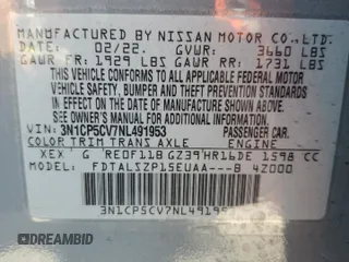 2022 Nissan Kicks SV with VIN 3N1CP5CV7NL491953, listed as a Copart auction lot 50599755 with 43,173 mi miles and Salvage Title. Bid and sale history available at DreamBid. Image 14.