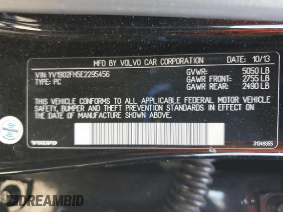 2014 Volvo S60 T6 with VIN YV1902FH5E2295456, listed as a Copart auction lot 51630745 with 151,408 mi miles and Salvage Title. Bid and sale history available at carsss.com. Image 12.