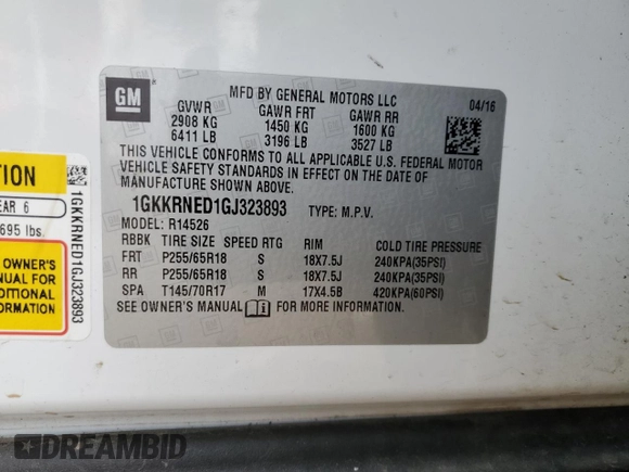 2016 GMC Acadia SLE with VIN 1GKKRNED1GJ323893, listed as a Copart auction lot 41435975 with 92,412 mi miles and Salvage Title. Bid and sale history available at DreamBid. Image 14.