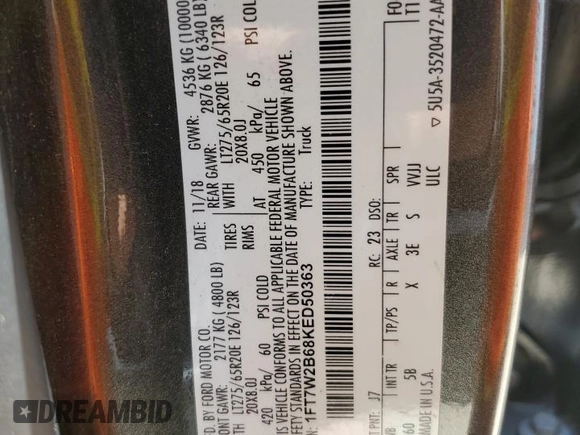 2019 Ford F-250 XL with VIN 1FT7W2B68KED50363, listed as a Copart auction lot 60173615 with 146,064 mi miles and Clean title. Bid and sale history available at DreamBid. Image 12.