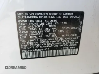 2022 Volkswagen Atlas SE z VIN 1V2LP2CA7NC551670, wystawiony jako Copart lot #58137295 z przebiegiem 32 775 mil mil oraz Nie do naprawy • Non repairable. Historia ofert i sprzedaży dostępna na DreamBid. Obrazek 12.