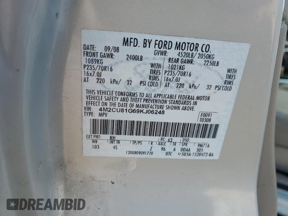 2009 Mercury Mariner with VIN 4M2CU81G69KJ06248, listed as a Copart auction lot 46681155 with 208,073 mi miles and Salvage title. Bid and sale history available at DreamBid. Image 13.