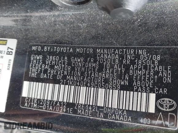 2009 Toyota Matrix z VIN 2T1KU40E49C050659, wystawiony jako IAAI lot #42392884 z przebiegiem 259 257 mil mil oraz . Historia ofert i sprzedaży dostępna na DreamBid. Obrazek 9.