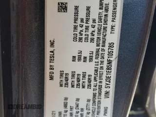 2022 Tesla Model 3 Long Range with VIN 5YJ3E1EB5NF105785, listed as a Copart auction lot 61304654 with 37,306 mi miles and Salvage Title. Bid and sale history available at DreamBid. Image 12.