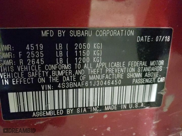 2018 Subaru Legacy Premium with VIN 4S3BNAF61J3046450, listed as a Copart auction lot 52425635 with 63,547 mi miles and Salvage Title. Bid and sale history available at carsss.com. Image 12.