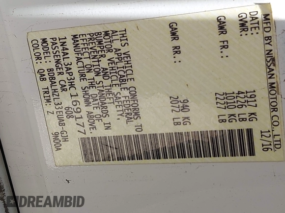 2017 Nissan Altima SV with VIN 1N4AL3AP3HC169177, listed as a IAAI auction lot 42396609 with 92,601 mi miles and . Bid and sale history available at DreamBid. Image 9.