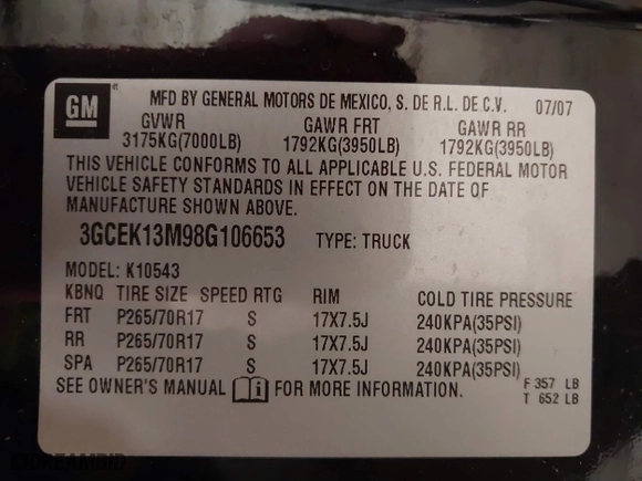 2008 Chevrolet Silverado 1500 LTZ with VIN 3GCEK13M98G106653, listed as a IAAI auction lot 41575197 with 198,114 mi miles. Bid and sale history available at carsss.com. Image 9.