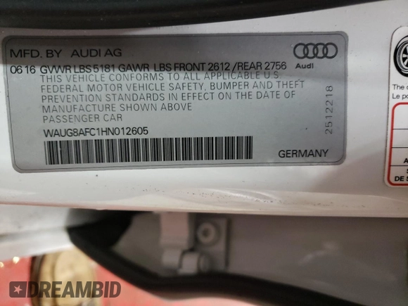2017 Audi A6 Premium Plus with VIN WAUG8AFC1HN012605, listed as a Copart auction lot 83251664 with 0 mi miles and Salvage Title. Bid and sale history available at carsss.com. Image 13.
