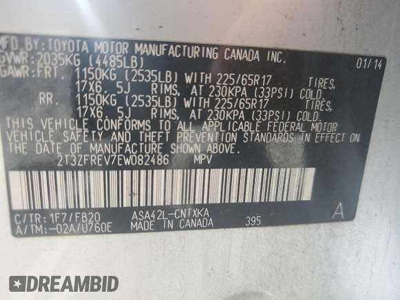 2014 Toyota RAV4 LE с VIN 2T3ZFREV7EW082486, выставлен на аукционе Copart как лот 60221335 с пробегом 131 876 миль миль и Списание • Salvage title. История ставок и продаж доступна на DreamBid. Изображение 14.