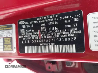 2014 Kia Optima SXL Turbo with VIN 5XXGR4A67EG318928, listed as a IAAI auction lot 42803294 with 151,213 mi miles and . Bid and sale history available at DreamBid. Image 9.