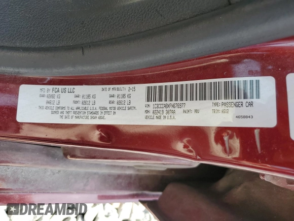 2015 Chrysler 200 Limited with VIN 1C3CCCABXFN676977, listed as a Copart auction lot 61131745 with 99,900 mi miles and Salvage title. Bid and sale history available at DreamBid. Image 12.