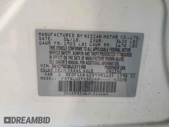 2018 Nissan Kicks SV z VIN 3N1CP5CU6JL511160, wystawiony jako Copart lot #57855315 z przebiegiem 58 173 mil mil oraz Nie do naprawy • Non repairable. Historia ofert i sprzedaży dostępna na DreamBid. Obrazek 13.
