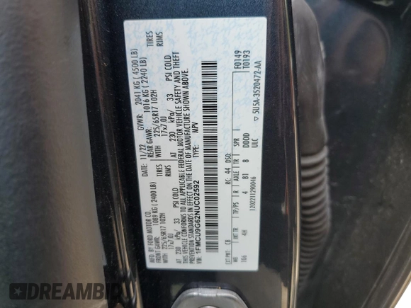 2022 Ford Escape SE with VIN 1FMCU9G62NUC02592, listed as a Copart auction lot 61613325 with 21,064 mi miles and Salvage title. Bid and sale history available at DreamBid. Image 13.