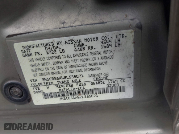2002 Nissan Sentra GXE z VIN 3N1CB51A62L555071, wystawiony jako IAAI lot #41938237 z przebiegiem 176 560 mil mil oraz . Historia ofert i sprzedaży dostępna na DreamBid. Obrazek 9.