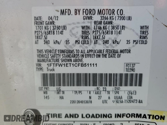 2012 Ford F-150 XL with VIN 1FTFW1ET1CFB51111, listed as a Copart auction lot 48585325 with 234,114 mi miles and Clean Title. Bid and sale history available at carsss.com. Image 12.