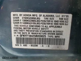 2005 Honda Pilot EX with VIN 5FNYF18425B059025, listed as a Copart auction lot 50590455 with 246,159 mi miles and Salvage Title. Bid and sale history available at carsss.com. Image 15.