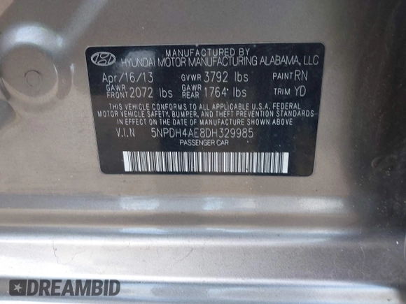 2013 Hyundai Elantra GLS with VIN 5NPDH4AE8DH329985, listed as a IAAI auction lot 42685574 with 55,906 mi miles and . Bid and sale history available at DreamBid. Image 9.