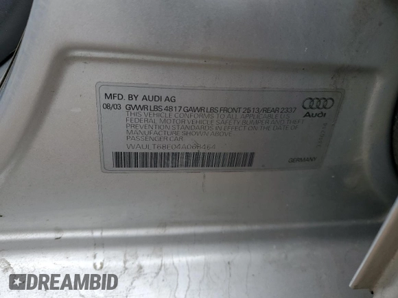 2004 Audi A4 3.0L with VIN WAULT68E04A068464, listed as a Copart auction lot 78646214 with 192,368 mi miles and Clean Title. Bid and sale history available at carsss.com. Image 12.