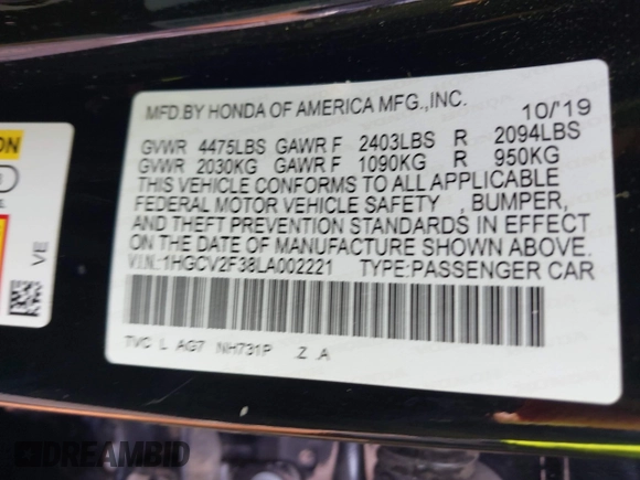 2020 Honda Accord Sport with VIN 1HGCV2F38LA002221, listed as a IAAI auction lot 42467648 with 70,638 mi miles and . Bid and sale history available at DreamBid. Image 9.