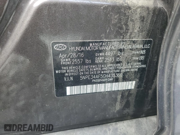 2016 Hyundai Sonata Sport with VIN 5NPE34AF5GH435360, listed as a Copart auction lot 48551875 with 164,036 mi miles and Salvage Title. Bid and sale history available at DreamBid. Image 12.