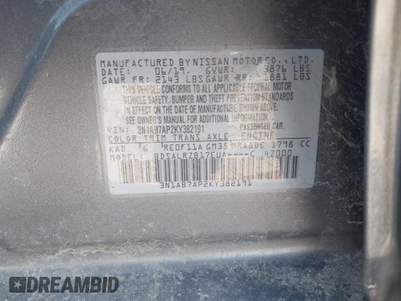 2019 Nissan Sentra S z VIN 3N1AB7AP2KY382191, wystawiony jako IAAI lot #41780173 z przebiegiem 138 588 mil mil oraz . Historia ofert i sprzedaży dostępna na DreamBid. Obrazek 9.