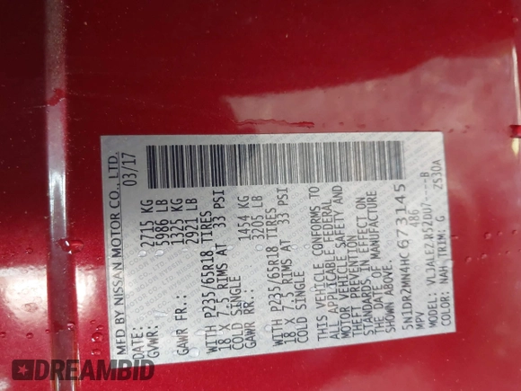 2017 Nissan Pathfinder SV with VIN 5N1DR2MN4HC673145, listed as a IAAI auction lot 42429907 with 137,099 mi miles and . Bid and sale history available at DreamBid. Image 9.