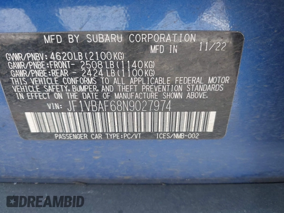 2022 Subaru WRX Premium with VIN JF1VBAF68N9027974, listed as a IAAI auction lot 42643496 with 46,734 mi miles and . Bid and sale history available at DreamBid. Image 9.