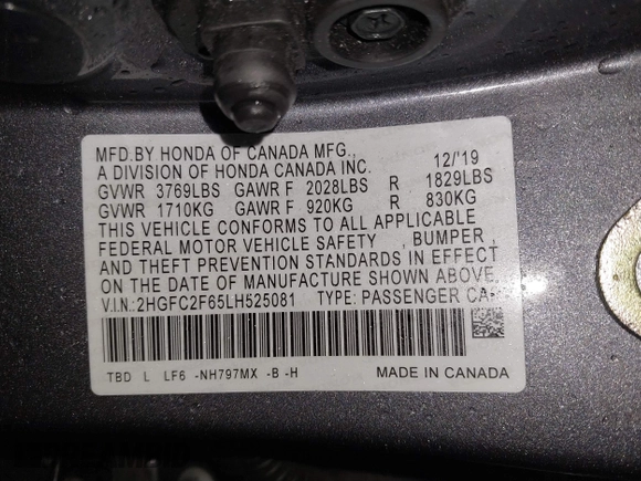 2020 Honda Civic Sedan LX with VIN 2HGFC2F65LH525081, listed as a IAAI auction lot 41803577 with 49,321 mi miles. Bid and sale history available at carsss.com. Image 9.
