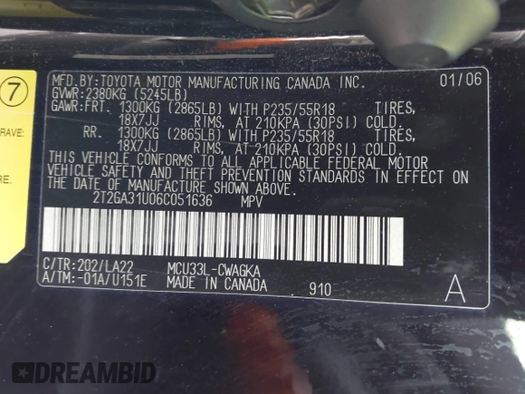 2006 Lexus RX 330 with VIN 2T2GA31U06C051636, listed as a IAAI auction lot 42078420 with 143,273 mi miles and . Bid and sale history available at DreamBid. Image 9.