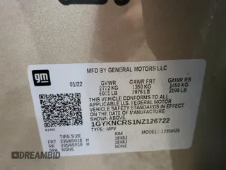 2022 Cadillac XT5 FWD Premium Luxury with VIN 1GYKNCRS1NZ126722, listed as a Copart auction lot 49588515 with 0 mi miles and Non Repairable. Bid and sale history available at carsss.com. Image 14.