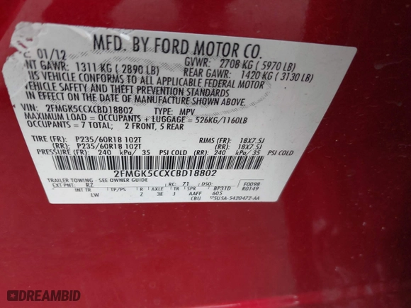 2012 Ford Flex SEL with VIN 2FMGK5CCXCBD18802, listed as a IAAI auction lot 41785968 with 142,616 mi miles. Bid and sale history available at carsss.com. Image 9.