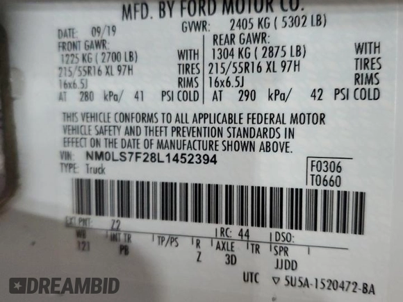 2020 Ford Transit Connect XLT z VIN NM0LS7F28L1452394, wystawiony jako Copart lot #49234045 z przebiegiem 66 048 mil mil oraz Szkoda całkowita • Salvage title. Historia ofert i sprzedaży dostępna na DreamBid. Obrazek 14.