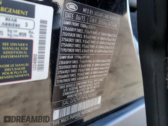 2015 Land Rover Range Rover with VIN SALGR2VF5FA240802, listed as a Copart auction lot 39149714 with 120,234 mi miles. Bid and sale history available at carsss.com. Image 15.