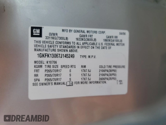 2007 GMC Yukon SLT with VIN 1GKFK13067J145249, listed as a Copart auction lot 73796204 with 185,683 mi miles and Clean Title. Bid and sale history available at DreamBid. Image 13.