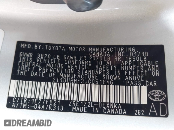 2018 Toyota Corolla L with VIN 2T1BURHE3JC051646, listed as a IAAI auction lot 41959264 with 123,036 mi miles and . Bid and sale history available at DreamBid. Image 9.