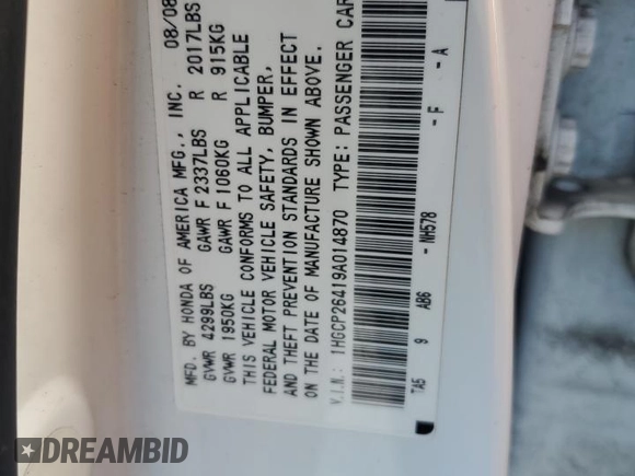 2009 Honda Accord LX-P with VIN 1HGCP26419A014870, listed as a Copart auction lot 49980275 with Not Provided miles and Salvage Title. Bid and sale history available at DreamBid. Image 13.