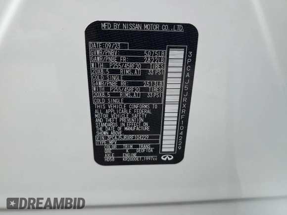 2024 Infiniti QX55 Luxe with VIN 3PCAJ5JRXRF104229, listed as a Copart auction lot 58097004 with 4,735 mi miles and Salvage title. Bid and sale history available at DreamBid. Image 14.