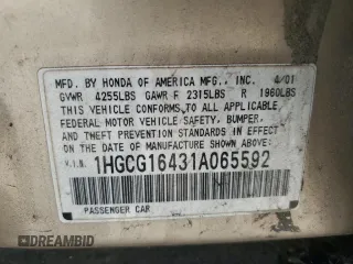2001 Honda Accord LX z VIN 1HGCG16431A065592, wystawiony jako Copart lot #48422635 z przebiegiem 166 617 mil mil oraz Szkoda całkowita • Salvage title. Historia ofert i sprzedaży dostępna na DreamBid. Obrazek 12.