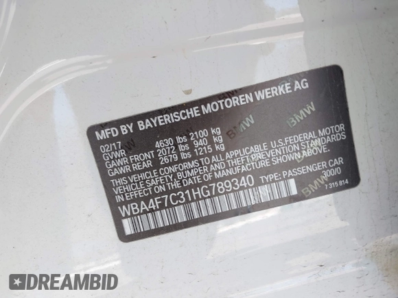 2017 BMW 4 Series 430i with VIN WBA4F7C31HG789340, listed as a IAAI auction lot 41871217 with 97,971 mi miles and . Bid and sale history available at DreamBid. Image 9.
