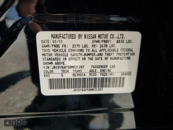 2011 Infiniti G25 Journey z VIN JN1DV6AP5BM831297, wystawiony jako Copart lot #55356125 z przebiegiem 241 663 mil mil oraz Czysty tytuł • Clean title. Historia ofert i sprzedaży dostępna na DreamBid. Obrazek 12.