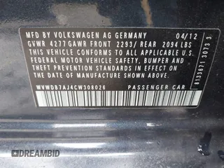 2012 Volkswagen Golf with VIN WVWDB7AJ4CW308026, listed as a IAAI auction lot 41553950 with 151,000 mi miles and . Bid and sale history available at DreamBid. Image 9.