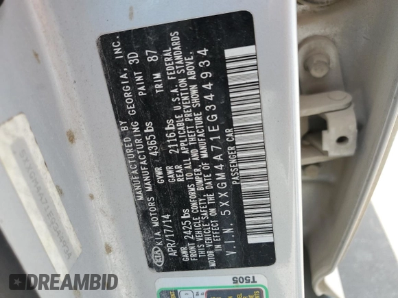 2014 Kia Optima LX with VIN 5XXGM4A71EG344934, listed as a Copart auction lot 60271204 with 308,991 mi miles and Salvage Title. Bid and sale history available at carsss.com. Image 12.