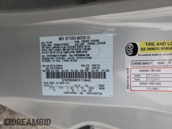 2005 Ford Mustang Deluxe with VIN 1ZVFT80N855113665, listed as a Copart auction lot 52346295 with 116,879 mi miles and Salvage title. Bid and sale history available at DreamBid. Image 12.