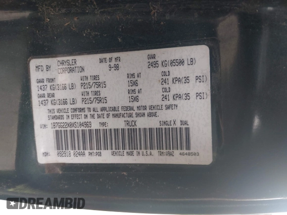 1999 Dodge Dakota SLT z VIN 1B7GG22X0XS104969, wystawiony jako IAAI lot #42493470 z przebiegiem 160 019 mil mil oraz . Historia ofert i sprzedaży dostępna na DreamBid. Obrazek 9.