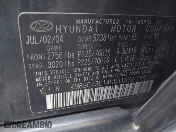 2004 Hyundai Santa Fe GLS with VIN KM8SC73E14U831372, listed as a IAAI auction lot 42297078 with 100,691 mi miles and . Bid and sale history available at DreamBid. Image 9.